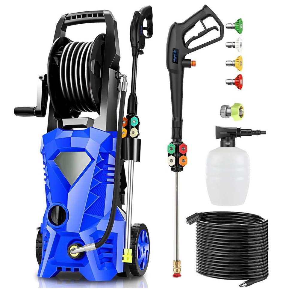 huanherad 5000psi electric pressure washer 3.0gpm power washer with 33ft hose reel, 4 tips, foam cannon, best pressure washer for cars, home use, blue