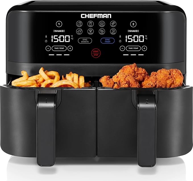 chefman turbofry dual basket air fryer w/ digital touch display  9 qt capacity - black