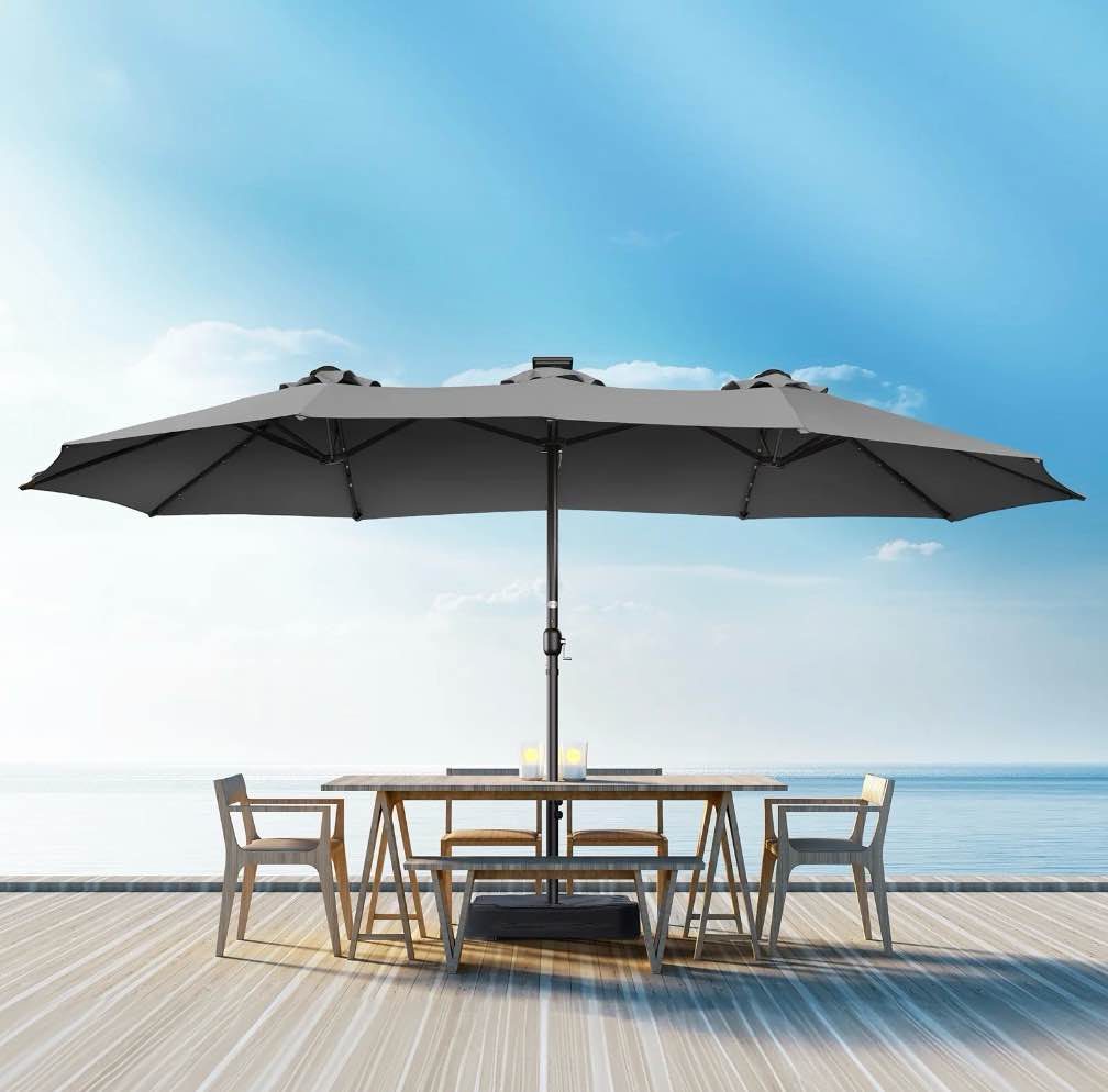 patbrela 15ft patio umbrella with light and base, double sided  large rectangular outdoor umbrella with crank handle, for garden, yard, poolside and outdoor activities, gray