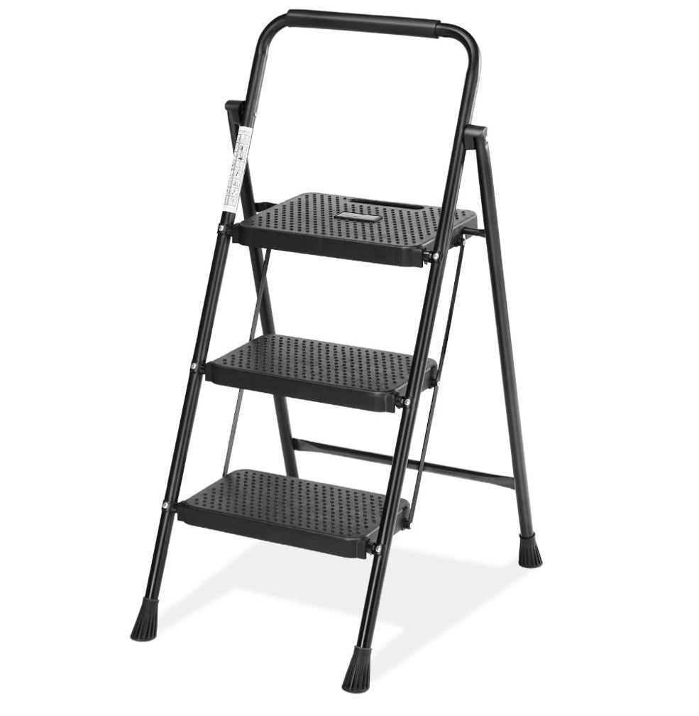 concetta 3 step ladder, folding step stool with anti-slip pedal, lightweight portable ladder for home, workplace, 800lbs capacity?black
