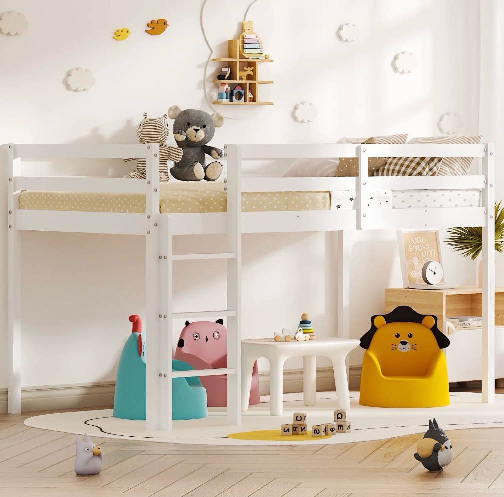 zimtown twin size loft bed with stairs wood low sturdy loft bed for bedroom, white