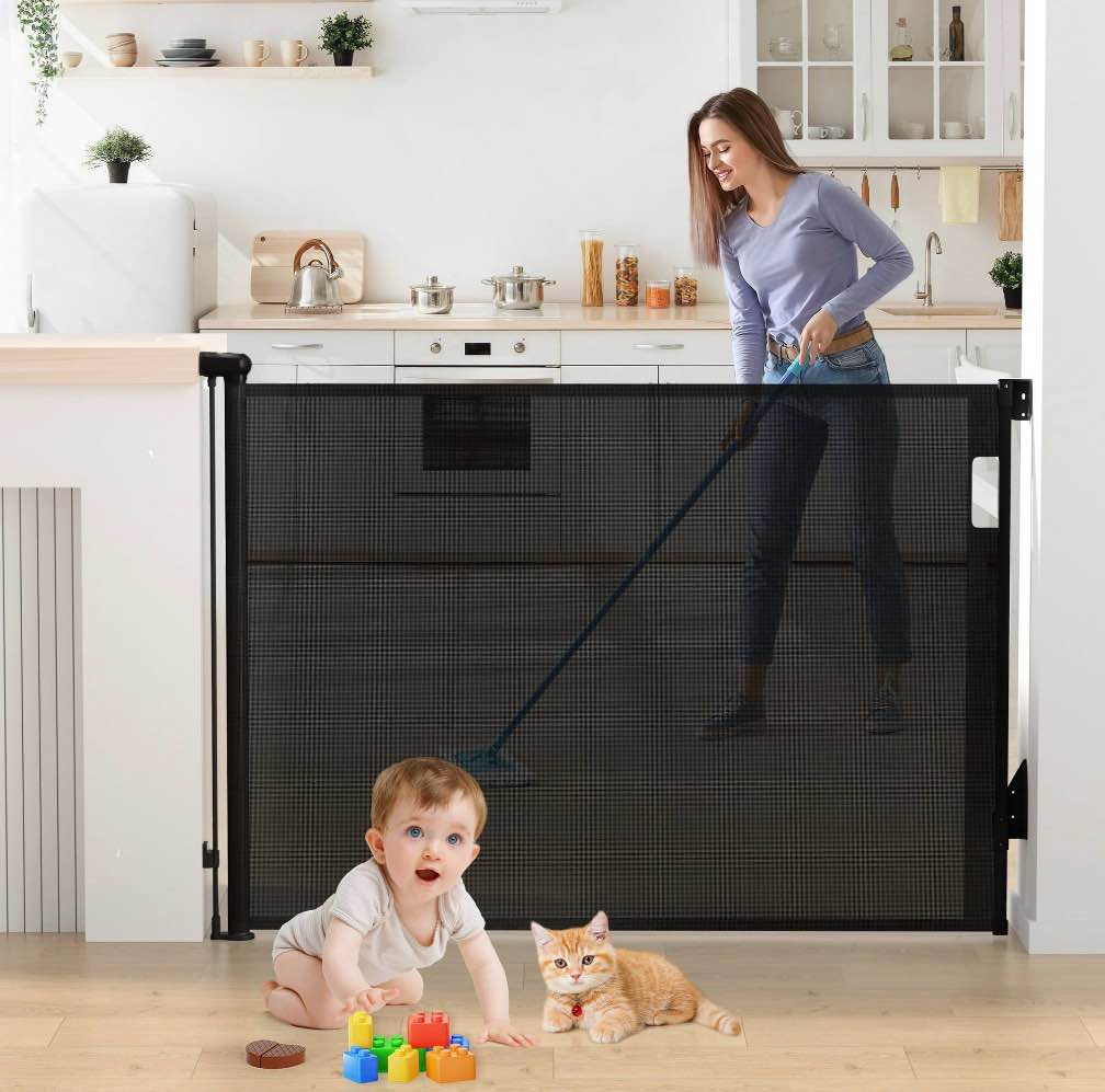 vomeast retractable gates,extends up to 55in wide baby safety gates dog gate for doorways stairs hallways(black)