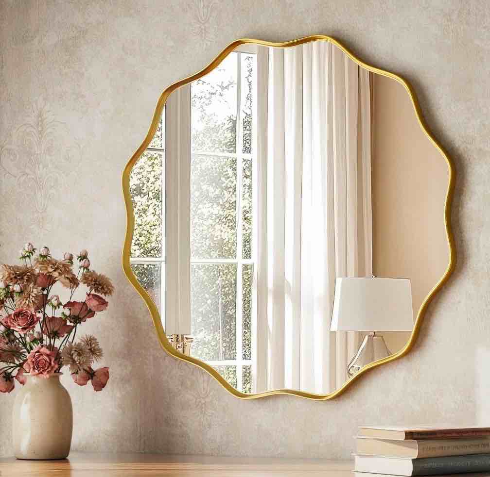 beautypeak 24" wavy round bathroom mirror wall decor with deep frame, gold 24" x 24"