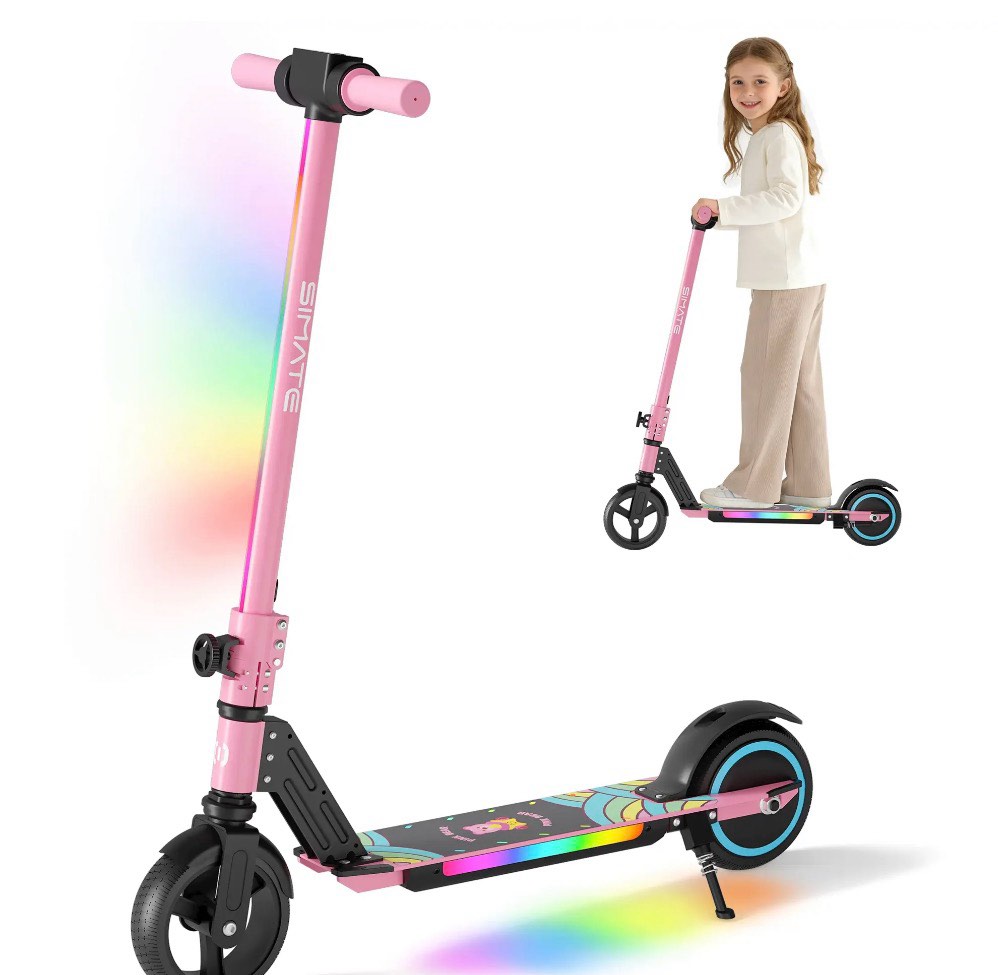 simate electric scooter for kids ages 6-14 kick scooter with led display & colorful lights dual braking system & foldable 130w powerful motor top 8.7mph & 5 miles