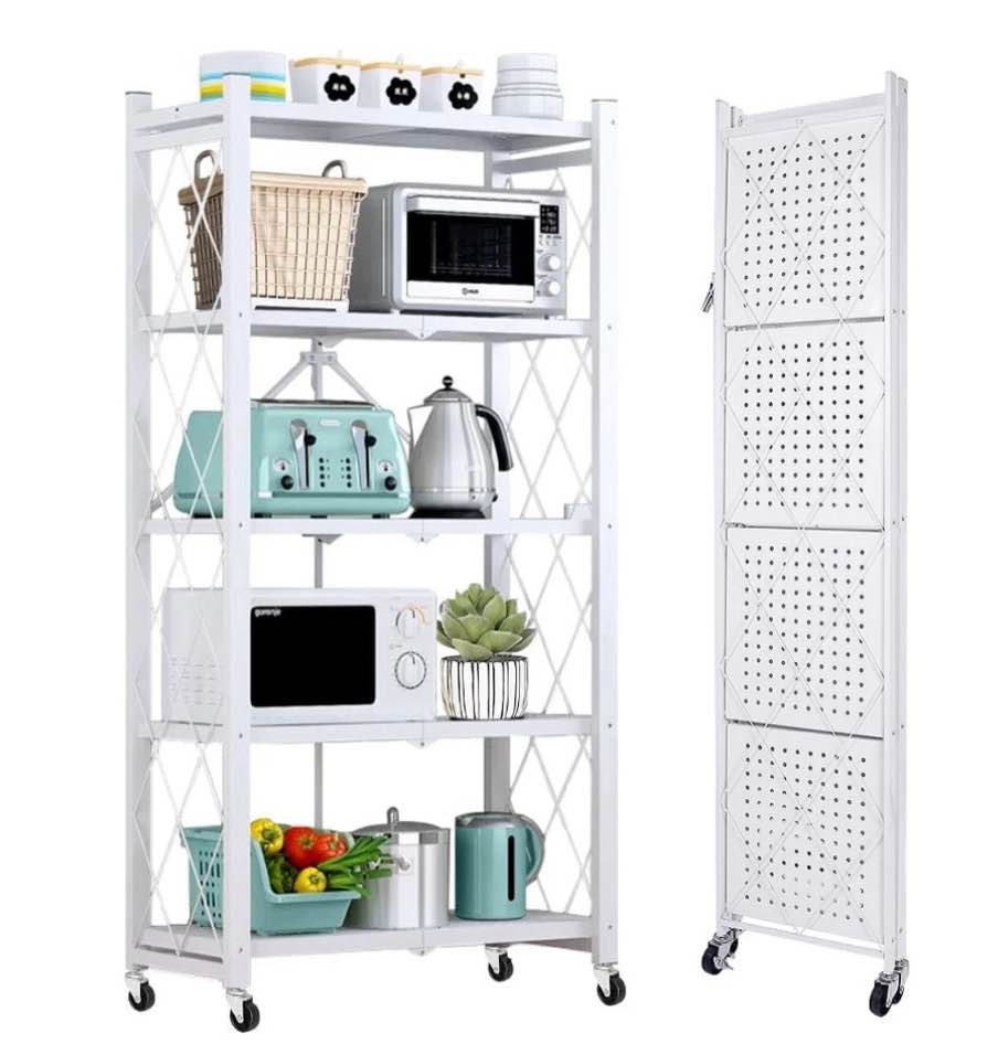 cookcok 5-tier storage shelving unit  metal shelf 27.9 x13.4 x62.5  foldable storage shelf with wheels  garage shelf  metal storage rack  kitchen shelf with 4 hooks  no assemble require  white