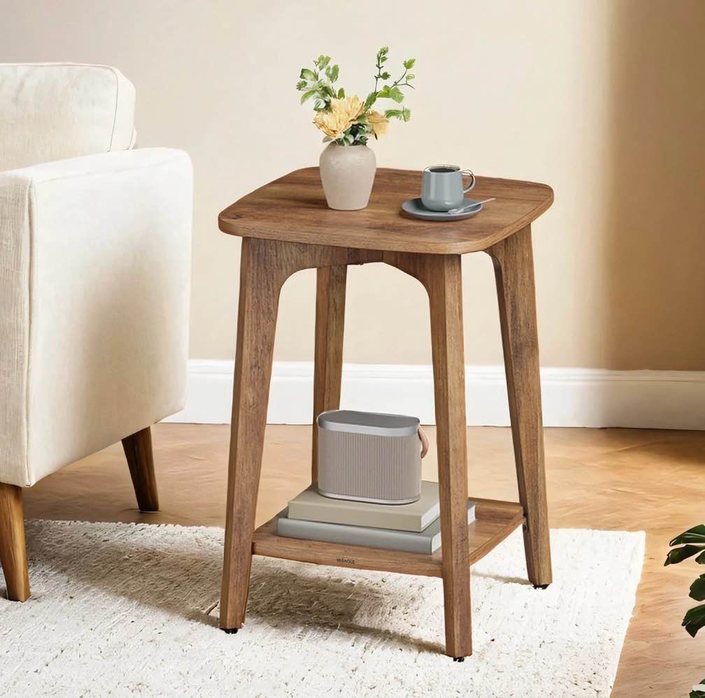 ledrem square side table with lower shelf, space-saving 2-tier end table, nightstand, 15.7" small accent table, honey brown