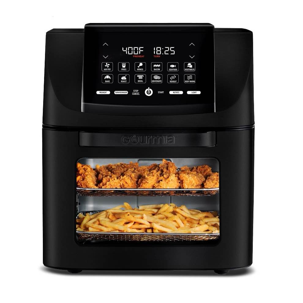 gourmia 14qt all-in-one digital air fryer, oven, rotisserie & dehydrator gaf1230: stainless steel, 1550w, dishwasher-safe parts