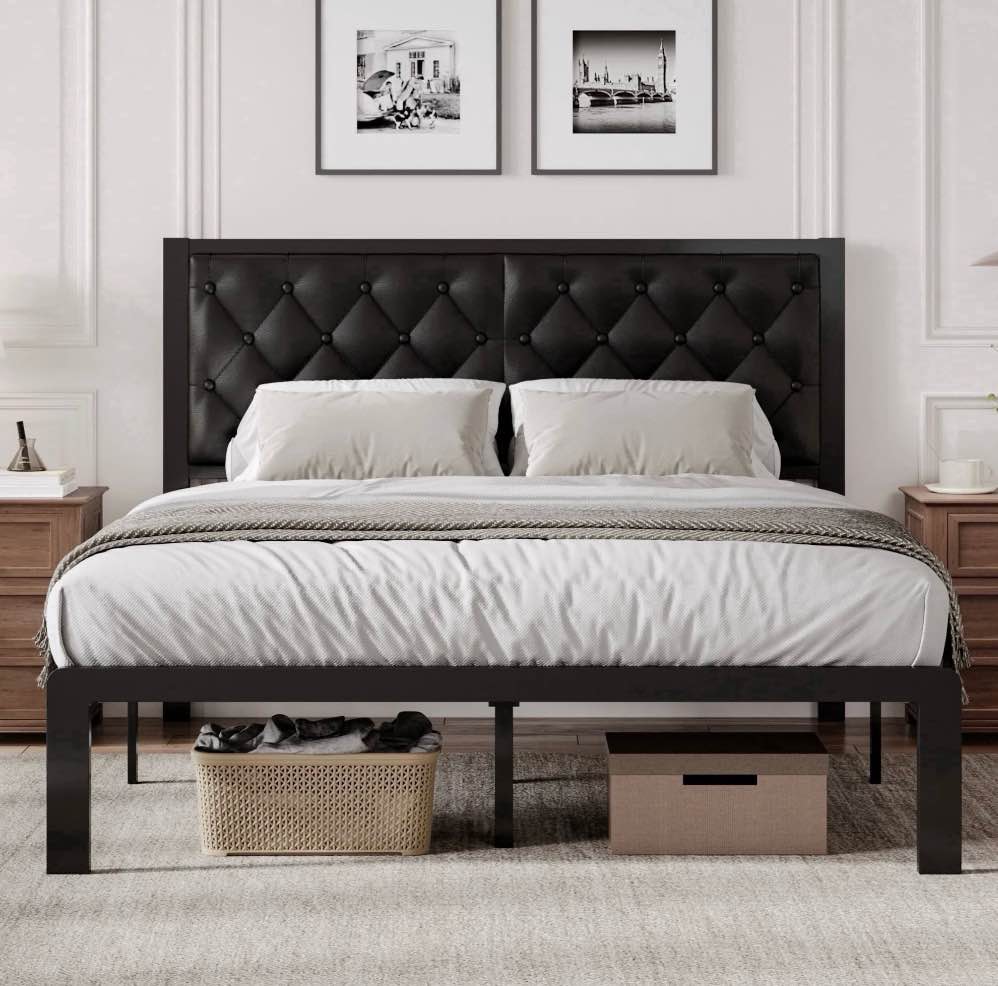 lifezone bed frame with upholstered headboard, queen, metal support, no box spring needed, modern black