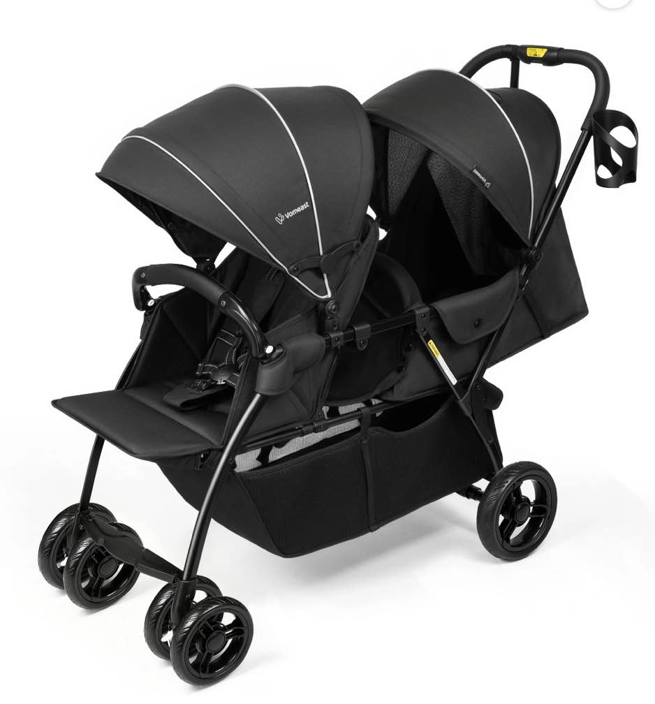 vomeast double stroller for 2 kids, foldable twin stroller with adjustable canopy, reclining seat & 5-point harness, lightweight travel strollers for toddler infant, black