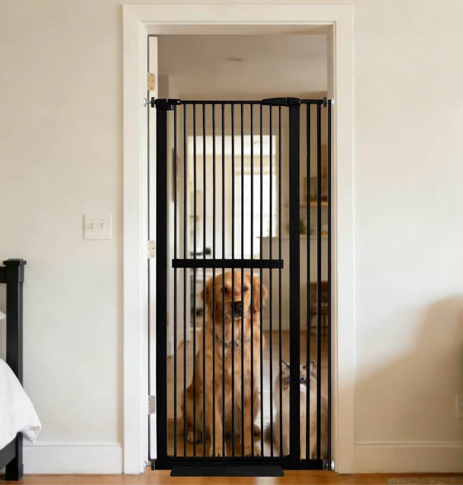 lumizone extra tall pet gate 61.02" high pressure mounted 34.06"-38.38" extra wide 1.37" gap for cat dog children stairs doorway hallway no drilling auto-close (34.06"-38.38", black)