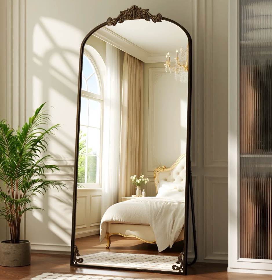 beautypeak 74"x32" full length mirror with baroque flower head design wall-mounted mirror,antique bronze