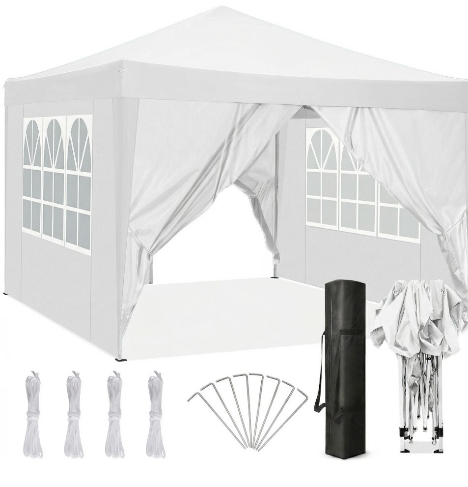 sanopy 10  x 10  straight leg pop-up canopy tent easy two person setup instant outdoor canopy folding shelter with 4 removable sidewalls  air vent on the top  4 sandbags  carrying bag  white