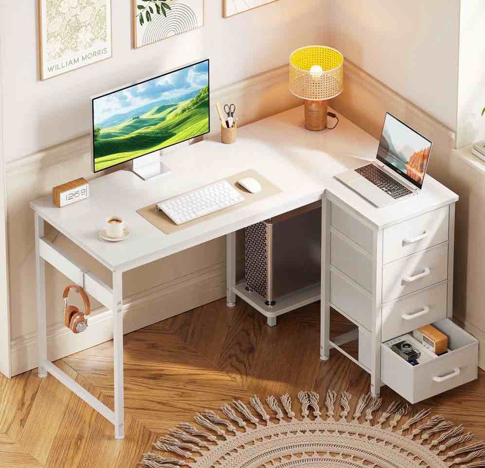 48 inch computer desk with 4 fabric drawers — home office desks with storage, writing desk with side hook, desk study/work table for bedroom and small space, white
