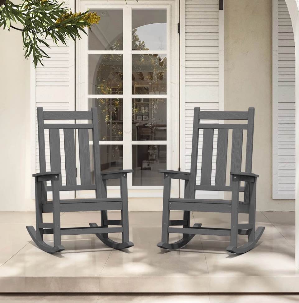 kingyes outdoor rocking chair set of 2 hdpe all weather patio rocker for garden lawn, grey