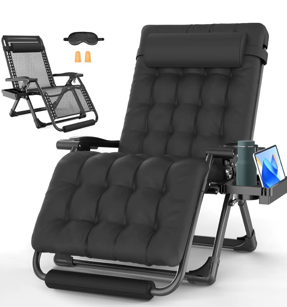 gvdv oversized zero gravity chair, 33in xxl lounge chair 500lbs capcity with removable thick cushion, lawn patio reclining chair upgraded alloy lock and cup holder, for indoor outdoor, black