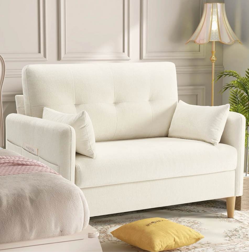 bedluxury 47'' wide loveseat, 2-seat chenille sofa with 2 pillows for living room and small spaces, beige