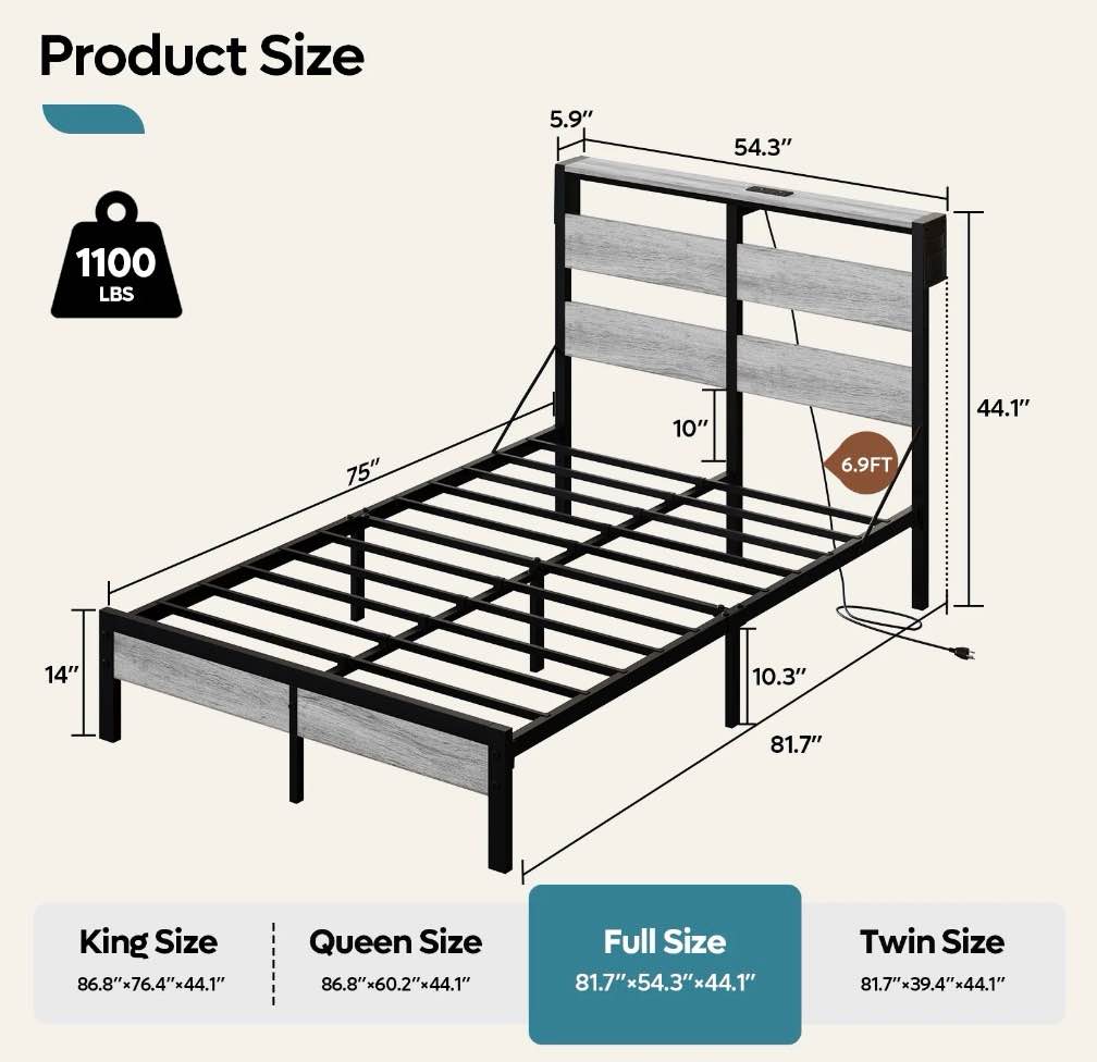 Condition photo showing New/Like New for bestier full size platform bed frame with storage headboard, led lights & usb charging station, metal bed frame gray