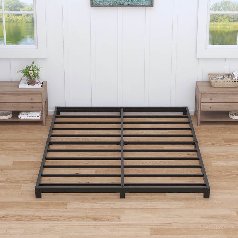 maenizi 4 inch bed frame full low profile, full size metal bed frame no box spring needed, heavy duty metal, easy assembly, black