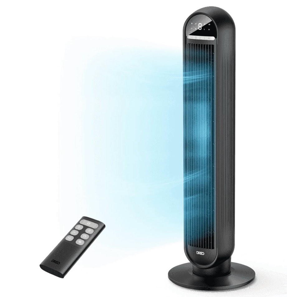 dreo tower fans for home, 36" standing floor fan with remote, 90° oscillating fan, 28 ft/s high velocity, led display, 8 speeds, 4 modes, 8h timer, quiet bedroom fan
