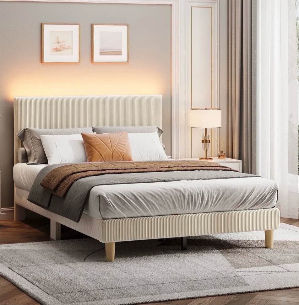 bestier corduroy upholstered full bed frame with adjustable headboard, platform bed frame with led light, solid wood slats, no box spring needed, off white