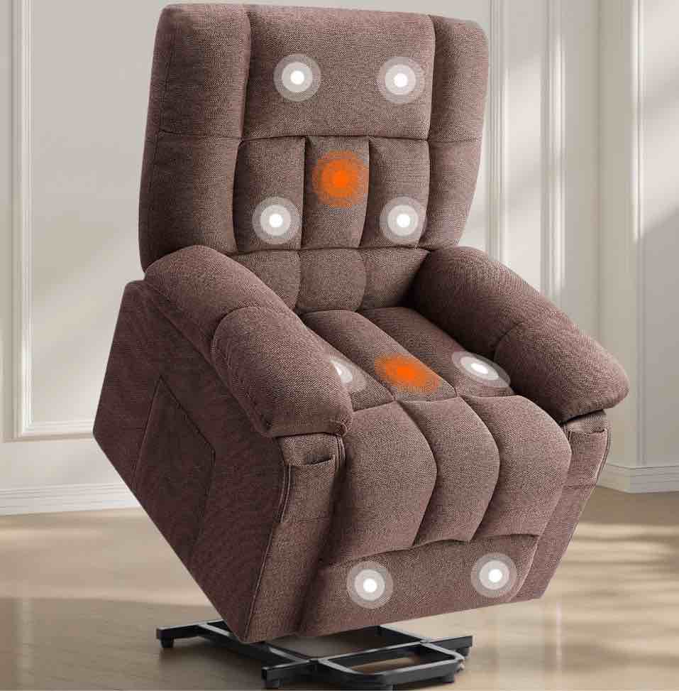 edx power lift recliner chair, recliner for elderly with massage and heating, with remote control, cup holder, side pocket, brown