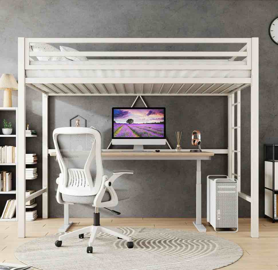 amolife twin size heavy duty metal loft bed with removable ladder & full-length guardrail  white