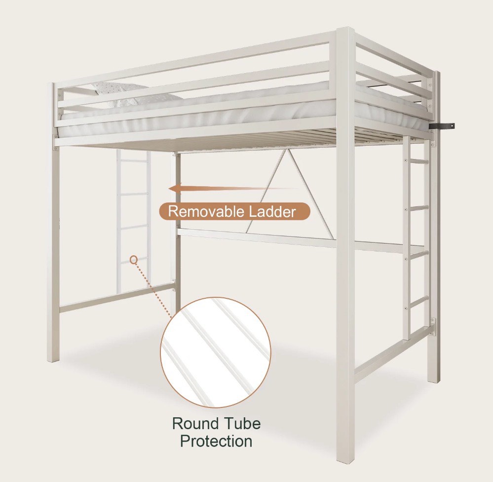 Condition photo showing New/Like New for amolife twin size heavy duty metal loft bed with removable ladder & full-length guardrail white