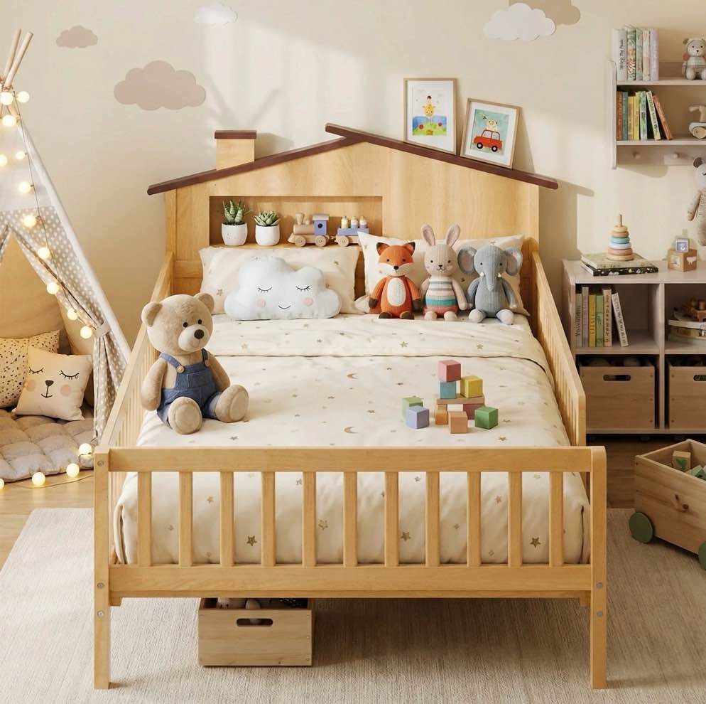 Condition photo showing New/Like New for edx twin bed frame with rails & storage, solid wood platform bed with safety guardrails & house headboard, slat support, no box spring needed, natural