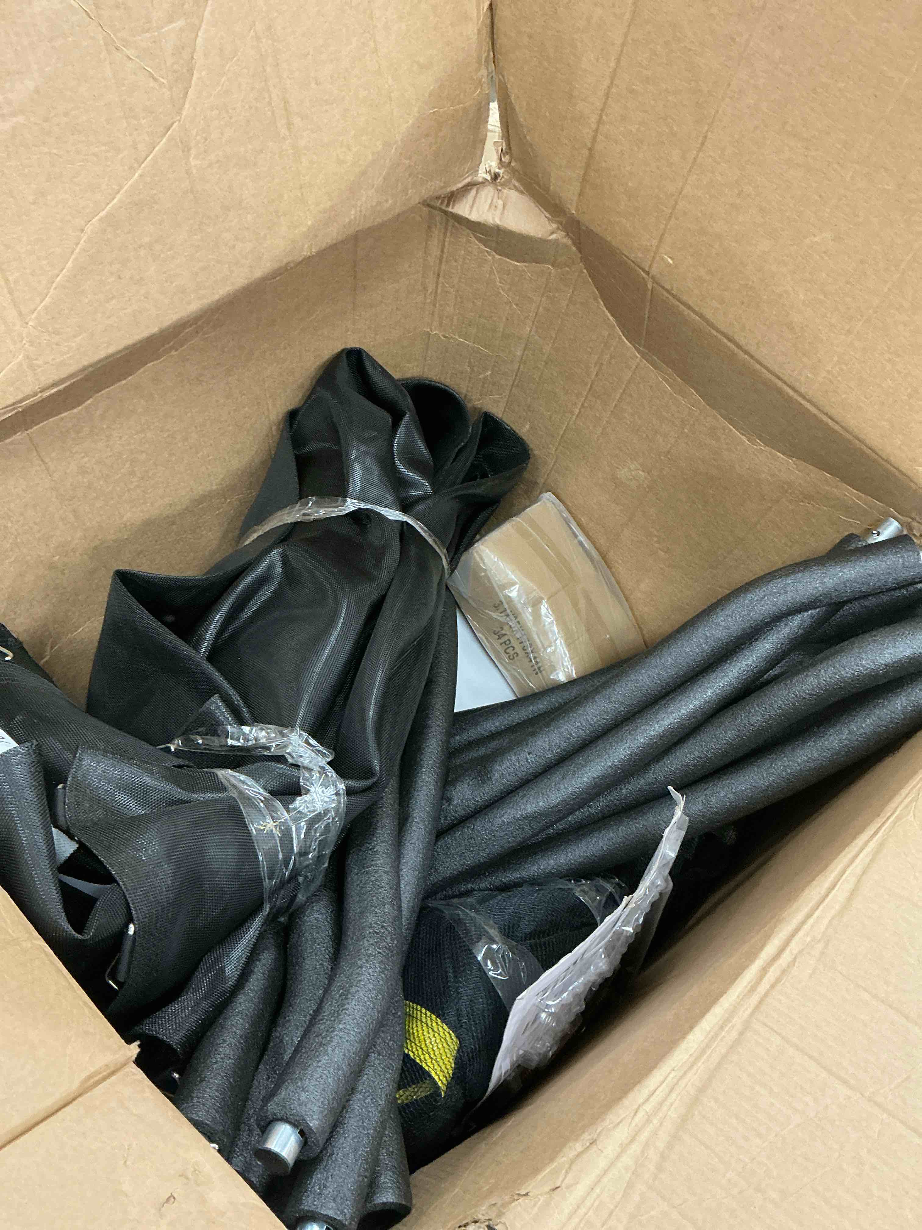 Condition photo showing As Is for 14 ft. black trampoline for kids with safety enclosure net, basketball