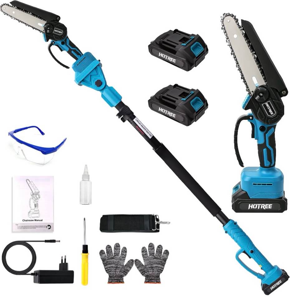 hotree 2 in 1 cordless pole saw, 6-inch pole chainsaw mini handheld chainsaw, 15 ft extension pole saw for effortless tree trimming