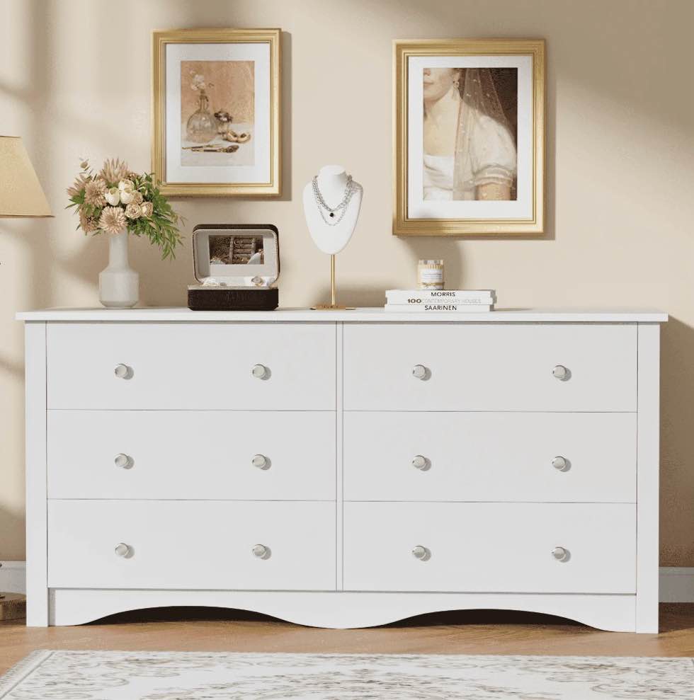 homall 6 drawer wood dresser furniture, double tier storage cabinet for bedroom & living room,white finish