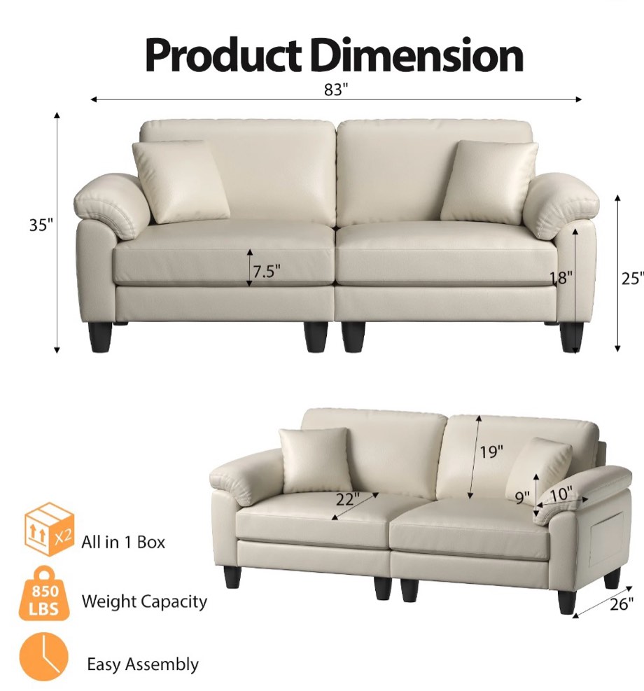 Condition photo showing As Is for 83" couch premium pu leather sofa, comfy extra deep seat 3 seater couch for living room, oversized loveseat with 2 pillows, beige