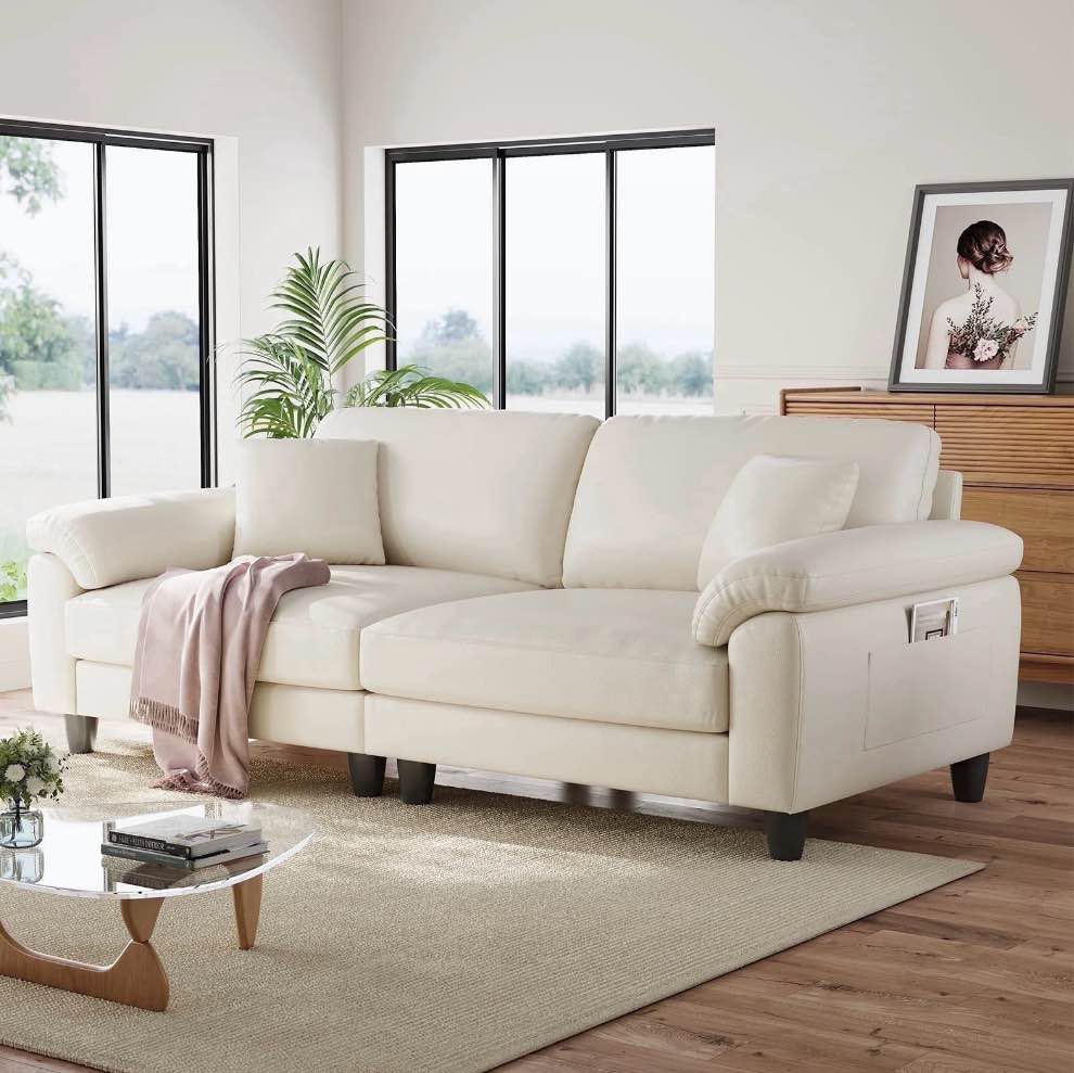 83" couch premium pu leather sofa, comfy extra deep seat 3 seater couch for living room, oversized loveseat with 2 pillows, beige