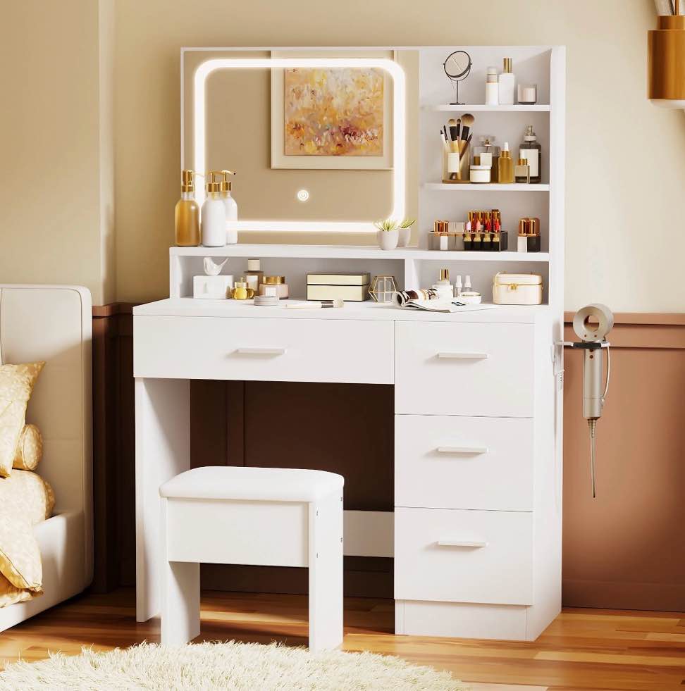 livelyglow vanity desk with smart led mirror & stool, makeup vanity set with adjustable lighting, built-in power outlet, large storage drawer, modern minimalist dressing table for bedroom,white