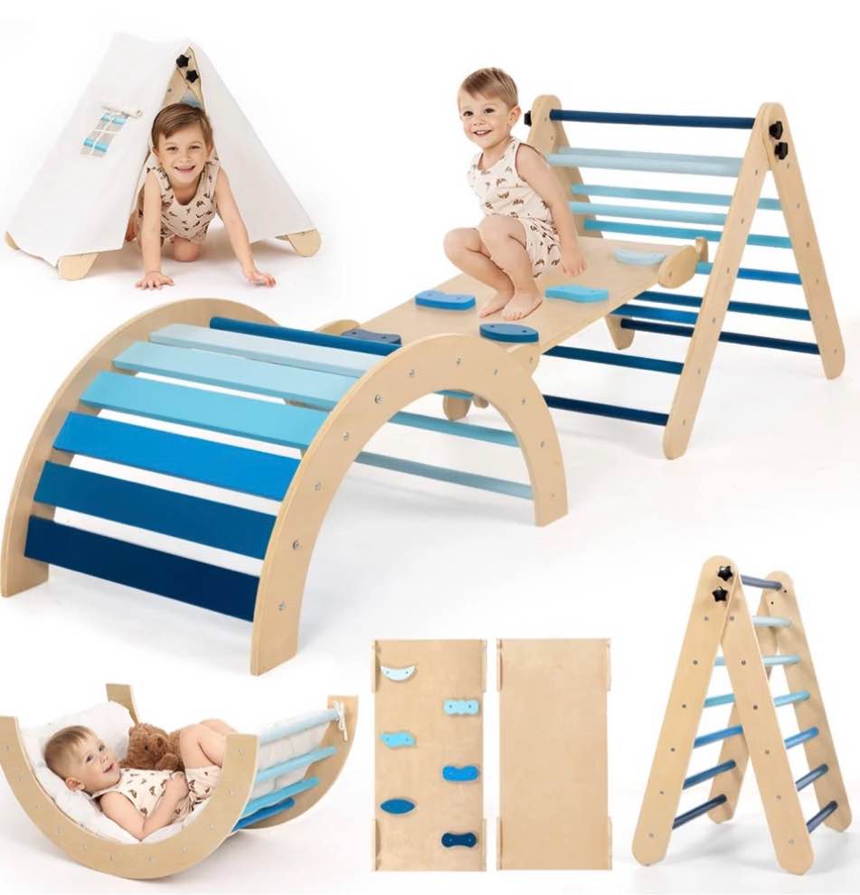 pikler triangle set, caveen 8 in 1 montessori climbing set, wooden climbing toys, with arch, ramp, ladder, tent and cushion, indoor jungle gym for toddlers 0.5-6 years old, blue