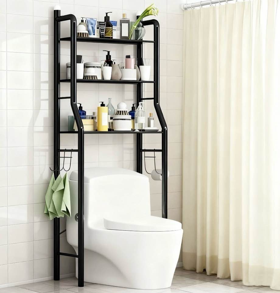 restroom organizer, 3-tier shelving unit,  over the toilet storage shelf, freestanding metal bathroom stand, black