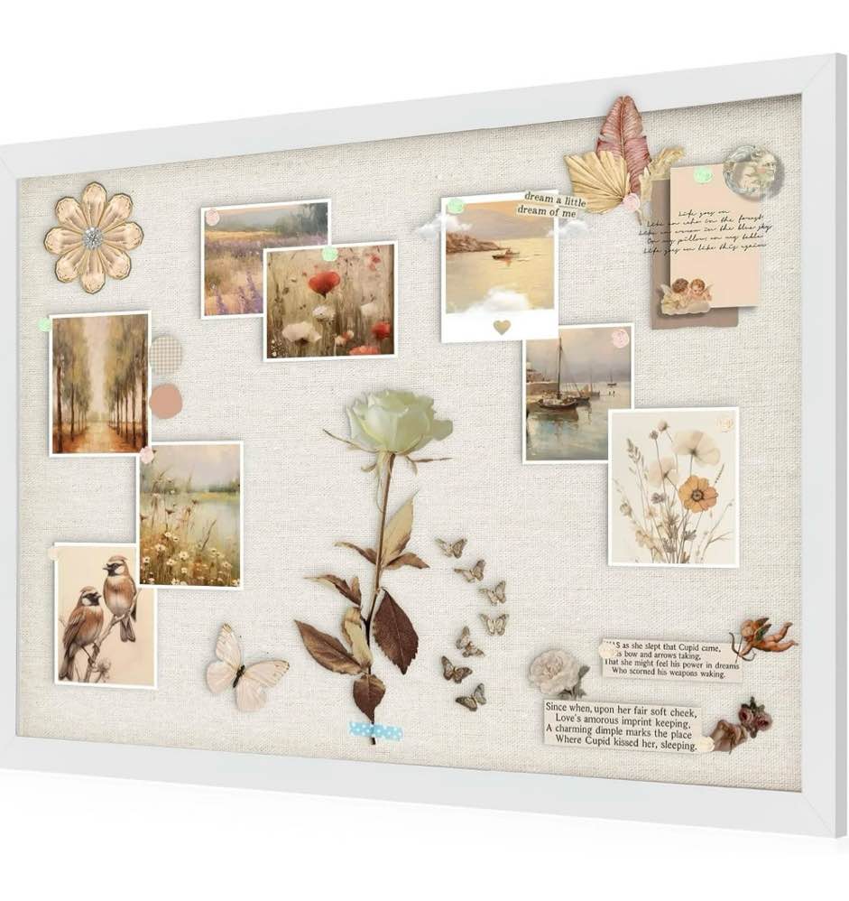 white cork board bulletin board with linen  wood framed 30  x 20  corkboard  office board for wall decor  wall mounted pin board picture board with 20 pushpins for school  home & office