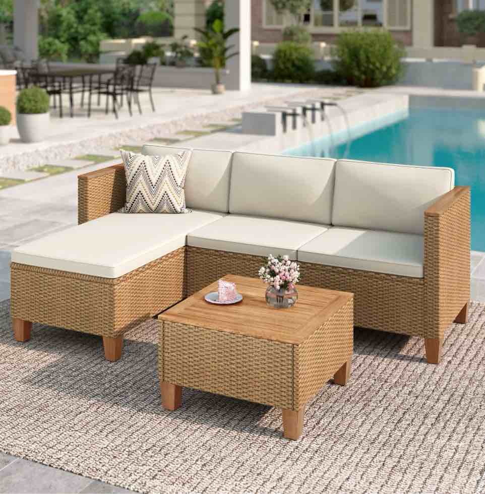 mf studio 3-piece patio furniture conversation set, all-weather wicker outdoor sectional sofa set with table & cushions, beige