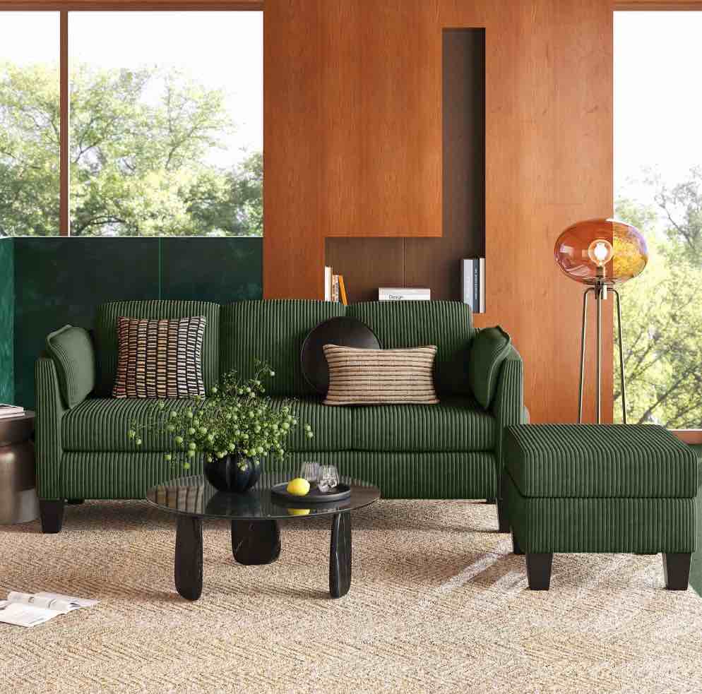 Bestier L-Shaped Sectional Couches for Living Room Furniture Sets,Modular Sectional Sofa with Ottaman Storage,High-Rebound Foam with Corduroy Fabric,Green