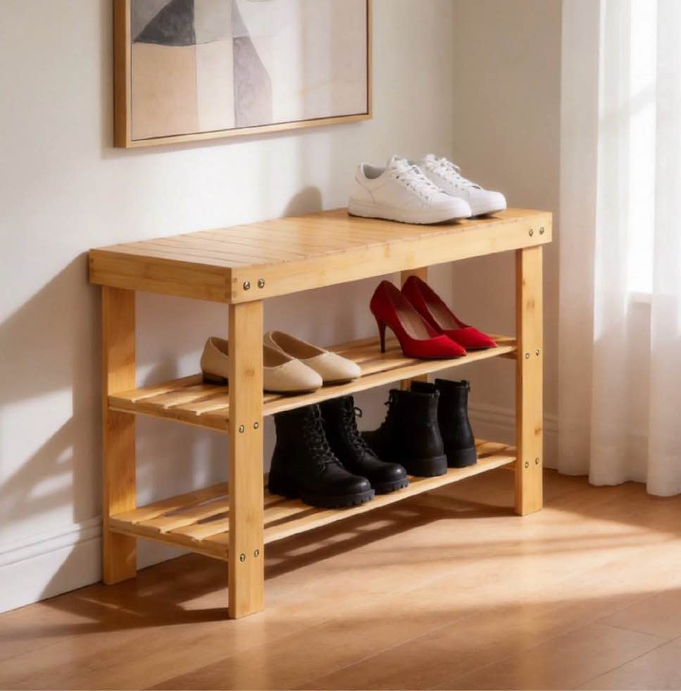 zimtown 28''w 3 tier solid bamboo shoe bench storage racks seat organizer for entryway hallway, natural