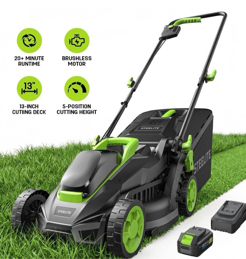 Steelite 13-Inch Cordless Lawn Mower, 21V Electric Lawn Mowers with Brushless Motor for Garden,5 Heights Adjustment, 4.0Ah Battery & Charger Included