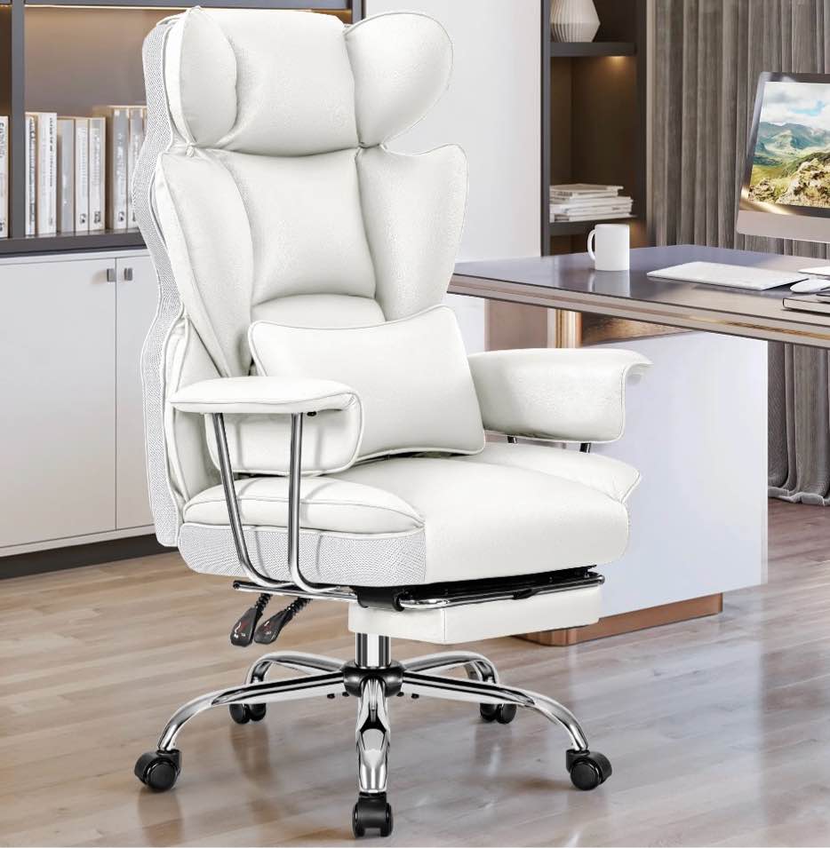 coolhut big and tall office chair 500lbs wide seat ergonomic computer desk chair, pu leather executive office chair with footrest, adjustable task chair lumbar back support 8 hour, white