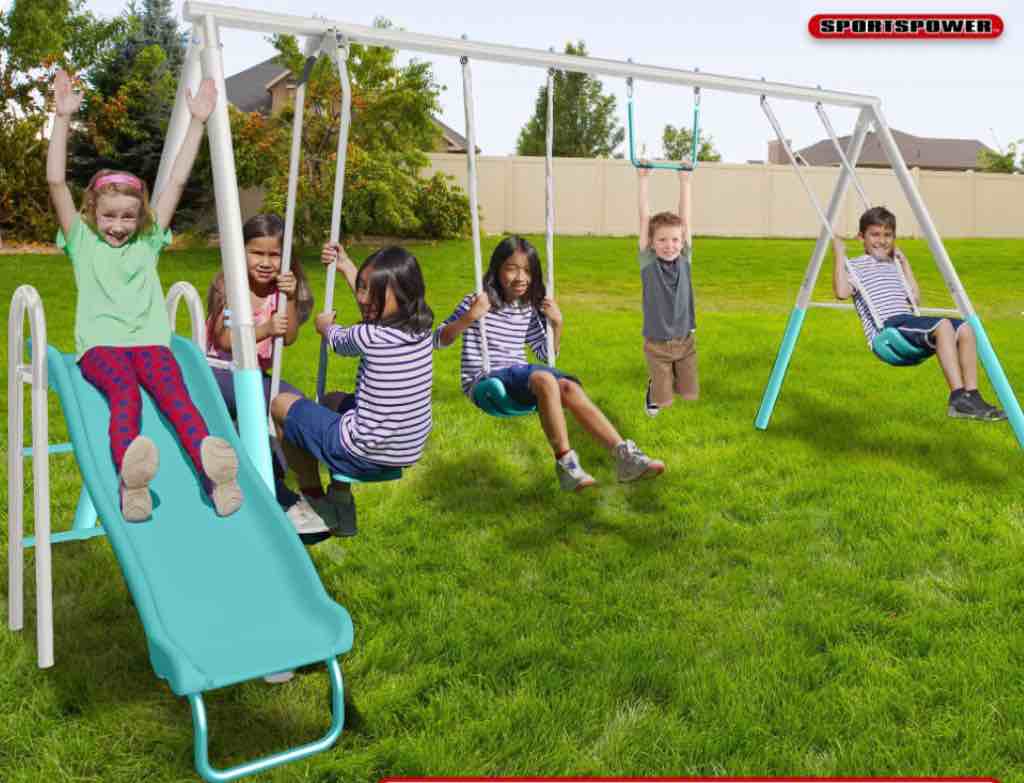 sportspower arcadia metal swing set with trapeze  2 person glider swing  and 5  double wall slide with lifetime warranty (teal ver.)