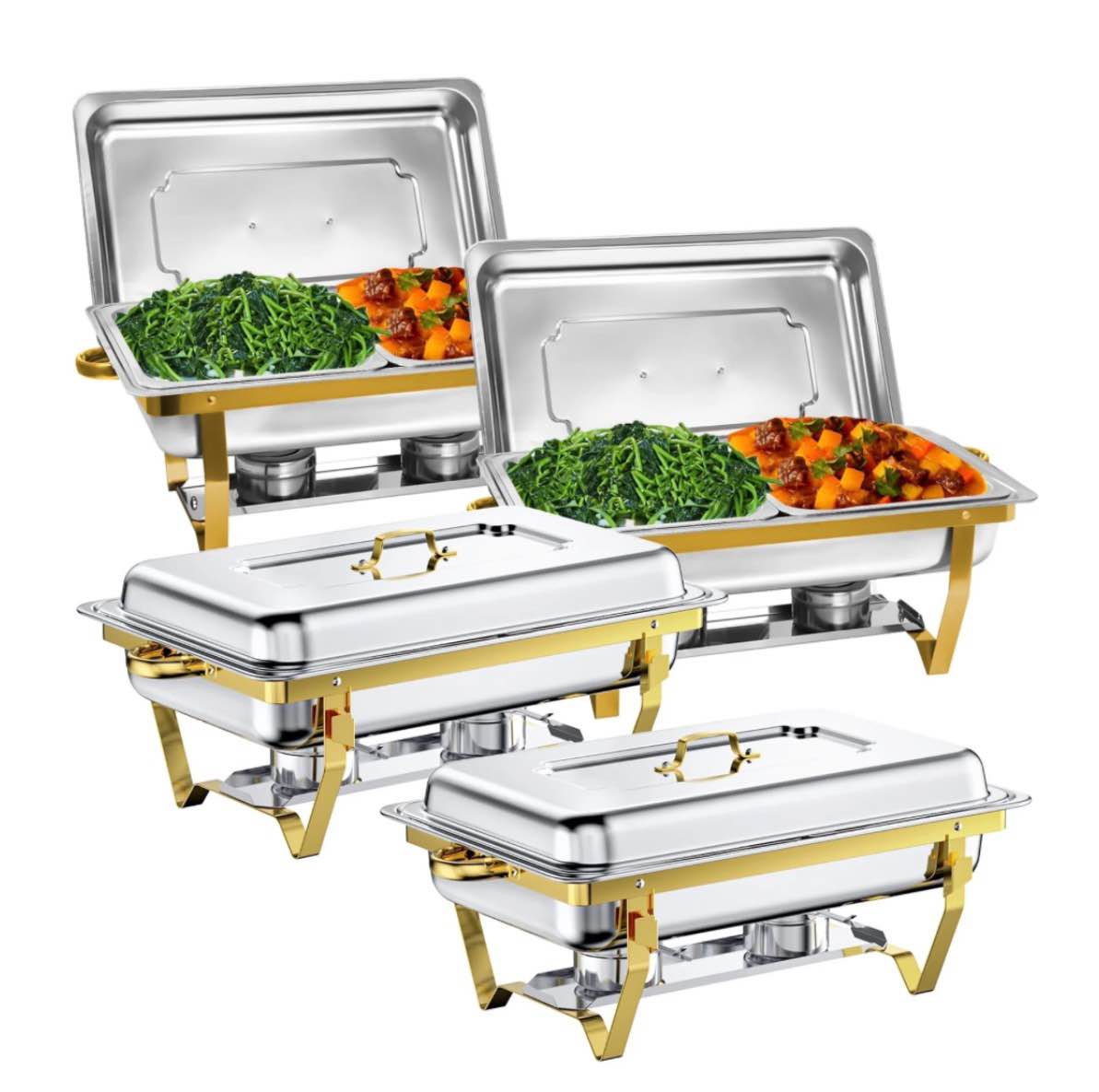 jacgood rectangle golden chafing dish buffet set half pan  8qt 4 pack stainless steel catering warmer set with water pan for home party  buffets  wedding  banquet  catering events