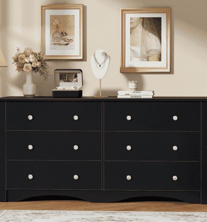 homall 47'' 6 drawer wood dresser furniture, double tier storage cabinet for bedroom & living room,black finish