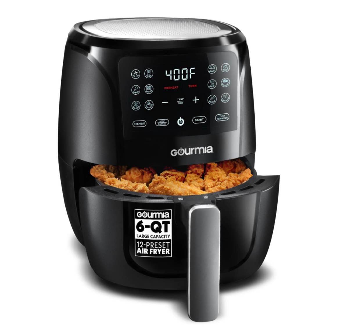 gourmia 6 qt air fryer 12 presets fryforce 360° xl capacity 1500w black
