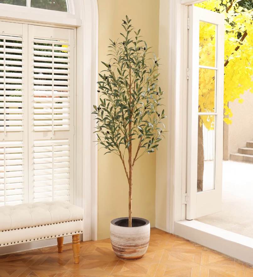 dr.planzen 6' artificial olive tree indoor, tall faux olive tree, artificial plants with natural wood trunk and lifelike fruits for home office decor