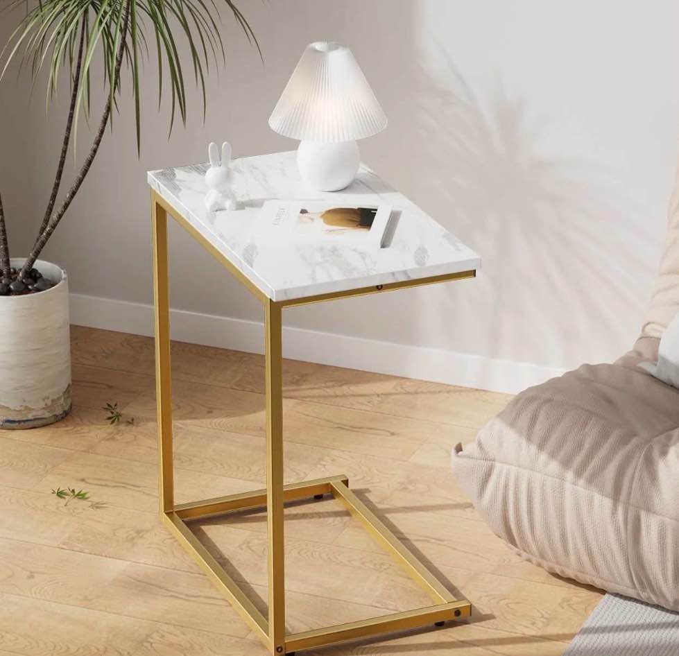 c shaped end table, vintage side table for couch, laptop, coffee, snack, sofa side end table c shape for living room, 27"(h) x 19.7"(w) x 12.6"(d), marble