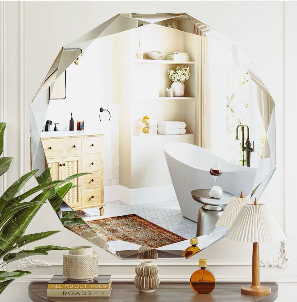 antok 30 inch circle beveled edge frameless bathroom vanity mirror  wall mount mirror for bathroom  round decorative mirror  hd silver