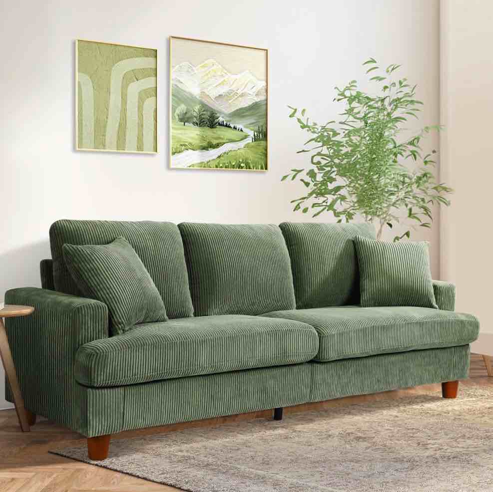 87" corduroy sofa,3 seater sofa with extra deep seats,neche comfy upholstered couch for living room,2 pillows,green
